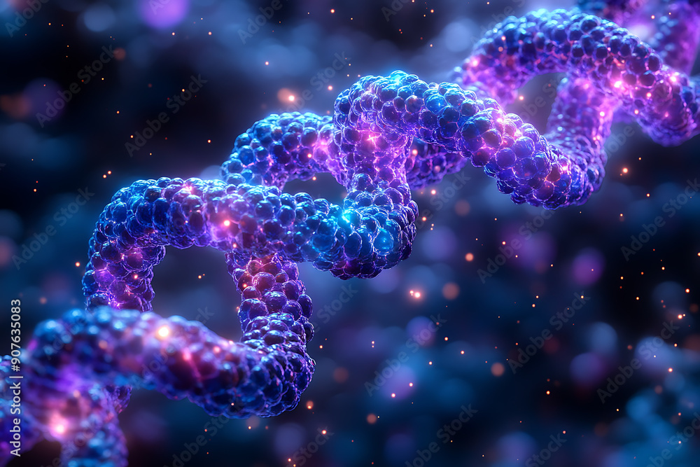 Poster a digital representation of a dna helix composed of glowing particles, set against a dark background