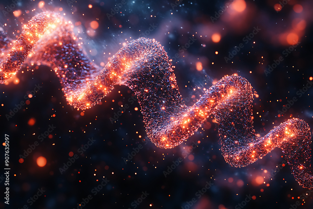 Poster a digital representation of a dna helix composed of glowing particles, set against a dark background