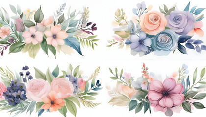 set of watercolor pastel flower decoration on wedding table with flowers 