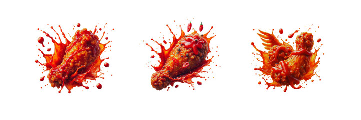 Set of Spicy chicken wings with red sauce splash, isolated over on transparent white background