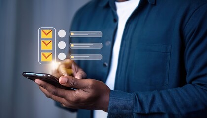 Customer review satisfaction feedback survey concept. User give rating to service excellent experience on mobile phone application, Client evaluate quality of service reputation ranking of business.