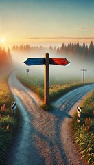 Fork in the Road with Directional Signs at Sunrise