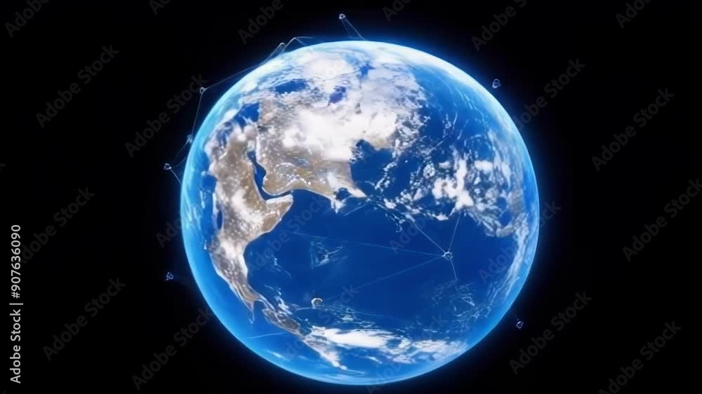 Poster a 3d animated view of earth showcasing connectivity through satellites, emphasizing technology and g