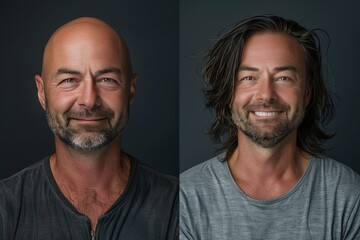 Two men with shaved heads and long hair