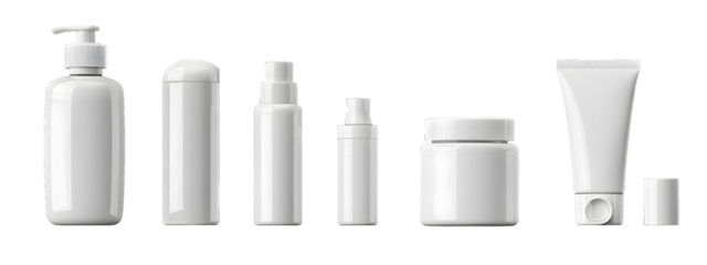 A set of different white cosmetic bottles and jars isolated on transparent background