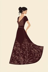 Minimalism illustration, a Lebanese woman, wearing an elegant dress in deep maroon with intricate patterns, traditional fashion, flat illustration