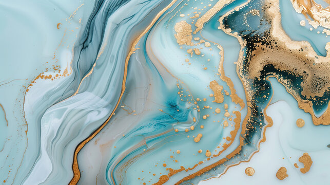 Elegant marble ink texture with gold accents in soft blue and green tones