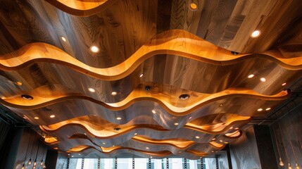 Ceiling adorned with wooden fixtures and lighting