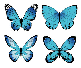 A set of bright blue butterflies on a white background. Vector illustration. Cartoon style.