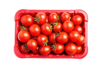 red tomatoes neatly arranged in a clear plastic tray, showcasing their vibrant color and smooth texture, ideal for cooking, salads, or healthy snacking.