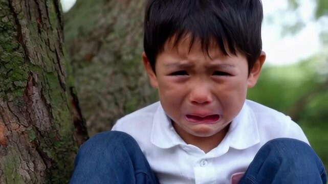 A close up of a crying boy sitting against a tree, evoking deep emotions and vulnerability in a natural setting