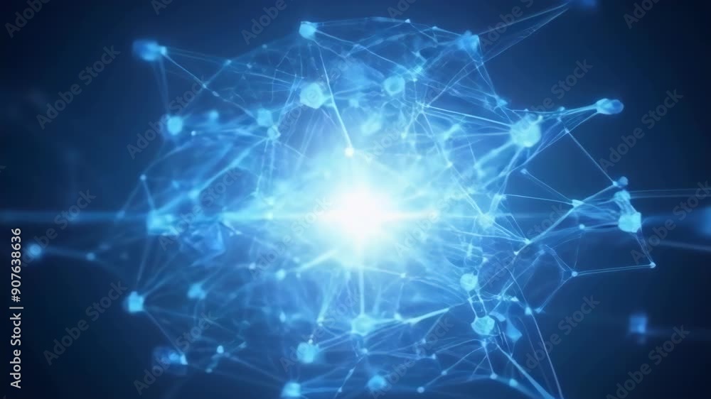 Poster an abstract visualization of a digital network, showcasing light dynamics and connections, highlight
