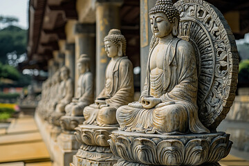 Obraz premium Buddha statues with the Dharma Wheel symbolize the Buddha's teachings, the cycle of birth and rebirth, and the path to enlightenment, representing the cosmic law and order in Buddhism