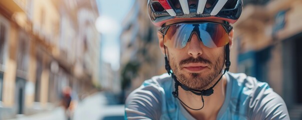 Man wearing a cycling helmet, riding a bicycle in the city.