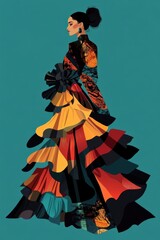 Fototapeta premium Minimalism illustration, a Middle Eastern woman, wearing a high-fashion gown with dramatic ruffles and geometric patterns, captured in a dynamic movement, avant-garde fashion, boho, flat illustration 