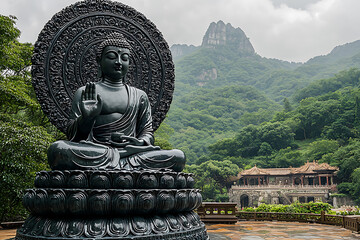 Buddha statues with the Dharma Wheel symbolize the Buddha's teachings, the cycle of birth and rebirth, and the path to enlightenment, representing the cosmic law and order in Buddhism