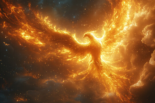 A majestic phoenix ascends with fiery wings spread wide, enveloped by a glowing ring of fire symbolizing rebirth and the eternal cycle of life. The intense flames create a dramatic, otherworldly aura	