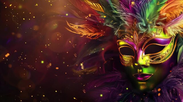 Mardi Gras carnival mask with green, purple and gold colors. Mardi Gras carnival background with a decorative mask. Mardi Gras carnival mask with colorful feathers on dark background. Copy space area 