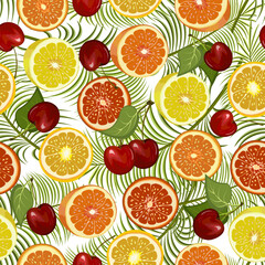 Citrus fruits and cherries in a pattern.Vector pattern with cherries and citruses on a background of palm leaves.