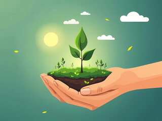 Creating A Sustainable Future Through Minimalist Vector Illustrations Of Green Plants In Hands Under A Bright Sun, minimal vector illustration