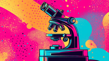 Pop art concept microscope. Colorful background in pop art retro comic style.