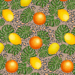 Citrus fruits on a spotted background with leaves.Vector seamless pattern with oranges and lemons on a spotted background with palm leaves.