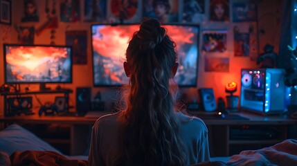 Fototapeta premium A cozy corner gaming setup with a female gamer casually playing.