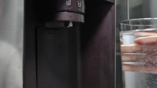 Teenager activates the cold water dispenser built into the refrigerator to refill a glass cup for drinking and quenching his thirst