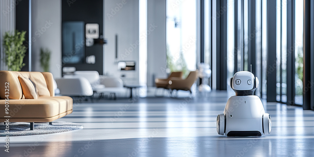 Poster engineering hub: an open space with minimalist furniture and modern robotic prototypes