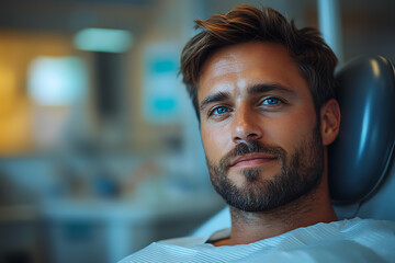 A man in the dentist's chair displays a fantastic smile, showcasing beautiful, white, straight teeth, highlighting the results of successful dental care and treatment