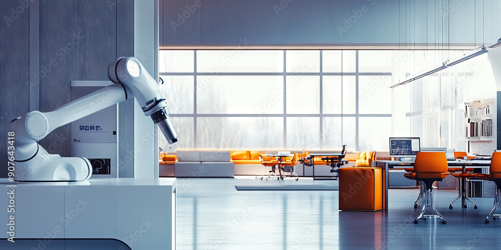 Aufkleber engineering hub: an open space with minimalist furniture and modern robotic prototypes