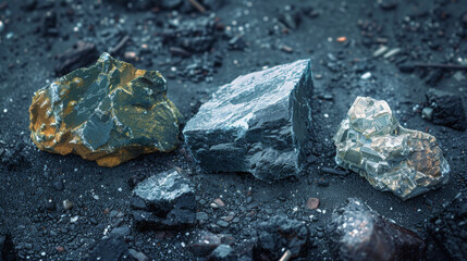 Fototapeta premium raw lithium samples on dark surfaces