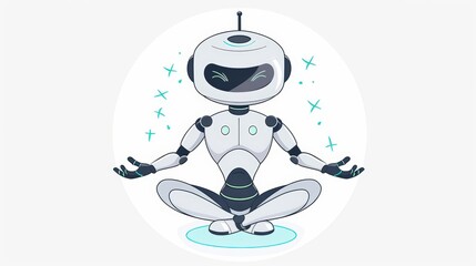 A cute cartoon of a robot teaching a virtual yoga class