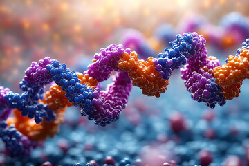 Obraz premium Close-up of a vibrant DNA helix with colorful molecules, showcasing genetic structure and science in a microscopic view. 