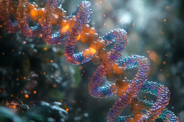 Close-up of a vibrant DNA helix with colorful molecules, showcasing genetic structure and science in a microscopic view.
