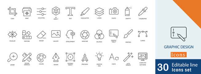 Set of 30 graphic design editable stroke icon set . containing balance, painting, curves, zoom, synthesis, color , layers, 3D, text and more editable icons