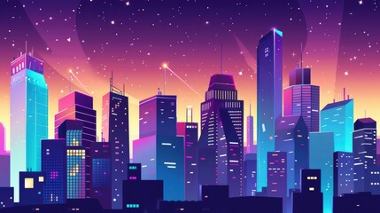 A cute cartoon Style ofA dynamic night skyline of a major city with illuminated buildings and bustling streets