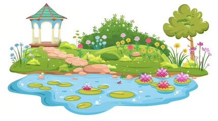 Fototapeta premium A cute cartoon Style ofA peaceful garden with blooming flowers, a gazebo, and a pond with lily pads