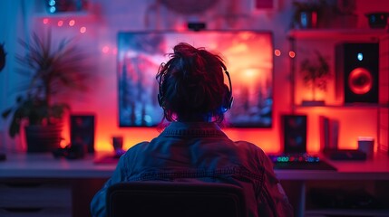 Fototapeta premium A cozy gaming den with a gamer immersed in a late-night gaming session.
