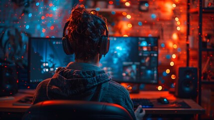 Obraz premium A detailed look at a gaming enthusiast's space, featuring a male gamer surrounded by a variety of gaming equipment, including a high-quality microphone, multiple monitors, and a game controller.