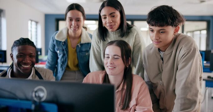 College, students and computer lab at school for coding, tech and group project with collaboration. Happy, diversity and digital research in classroom with people for teamwork, discussion and study