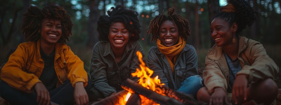 smiling black, african american young women near fire on blurred autumn forest background. hike,  tourism, outdoor activity concept. banner