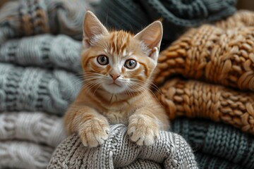 adorable little cat surround by knitted sweaters. love between humans and animals. cozy moments