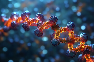 A close-up of a vibrant, colorful DNA helix structure, showcasing intricate molecular details against a dark, blurred background
