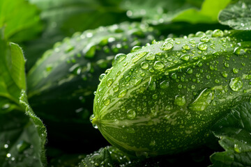 Closeup of fresh green cucumbers with water droplets