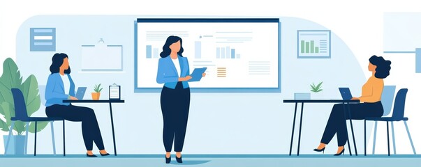 A professional business meeting with a woman presenting data in front of an audience in a modern office setting.