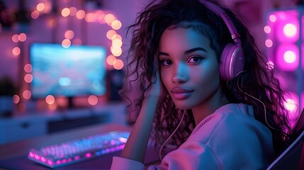 Fototapeta premium A female gamer in a beautifully designed gaming room, featuring a pink gaming chair, a professional microphone, and a neatly organized desk.