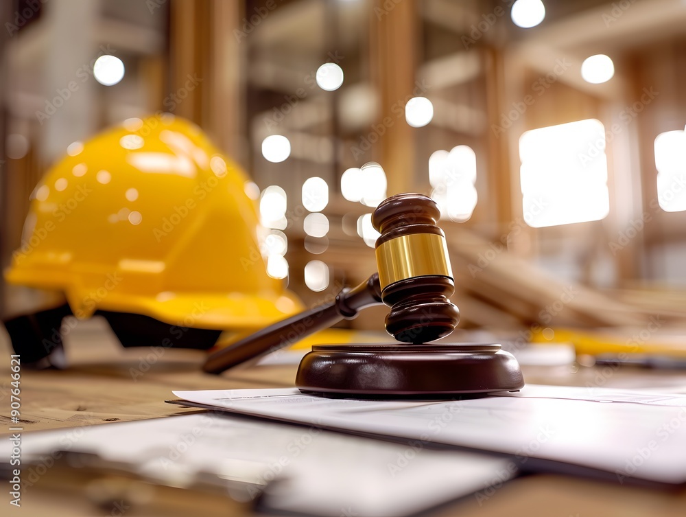 Poster a court gavel and construction helmet sit on top of a table with blurred building structure in the b