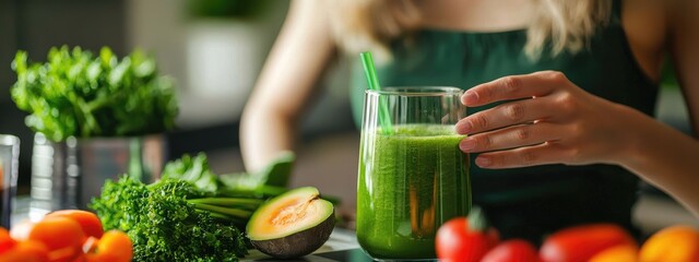 Fototapeta premium a woman prepares a vegetable smoothie in the kitchen. Selective focus