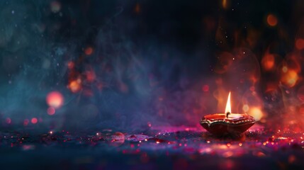 Festive Diya Lamp Illuminating with Warm Glow Amidst Vibrant and Colorful Bokeh Background